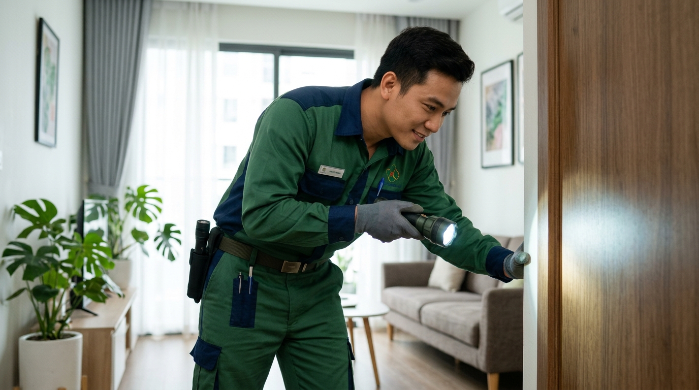 Thợ diệt mối kiểm tra khung cửa gỗ chuyên nghiệp
